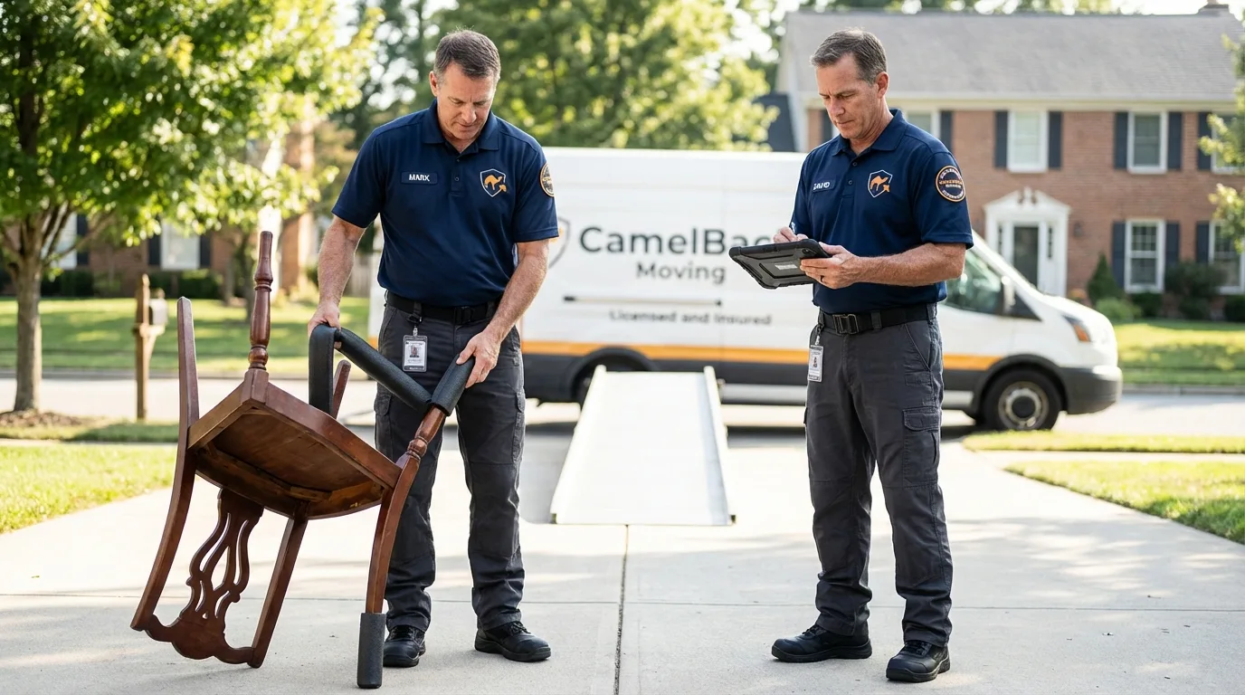 Movers inspecting furniture for damage prevention before loading in Gold Bar, WA